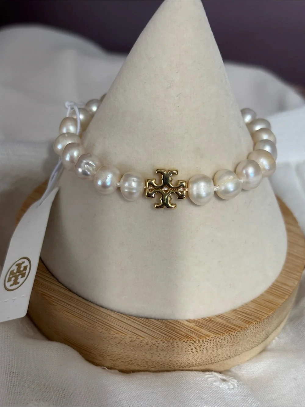 Tory Burch Cream Pearl Bracelet with Gold Logo Charm